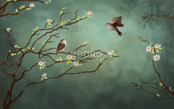 Tableau  Deux oiseaux sur une branche