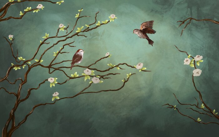 Tableau  Deux oiseaux sur une branche