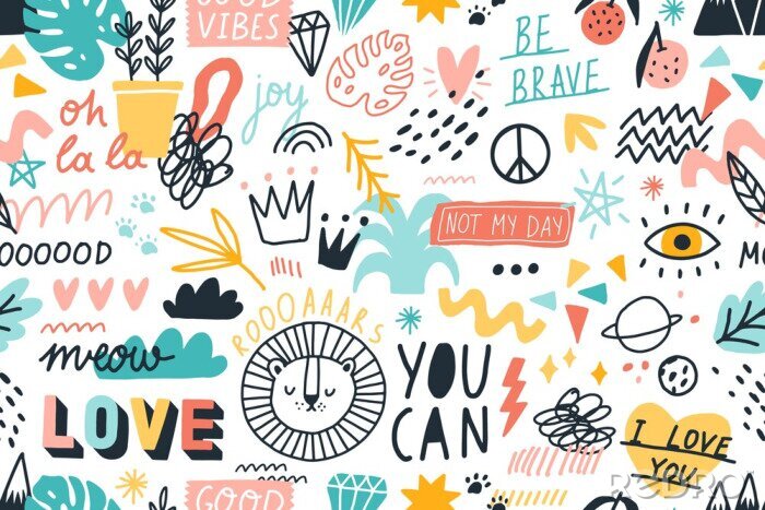Tableau  Different hand drawn design elements animals, plants, symbols and handwritten slogans seamless pattern. Various colorful phrases and inscriptions on white. Vector flat illustration in doodle style