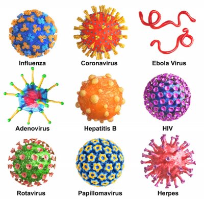 Tableau  Different virus on a white background. 3d illustration