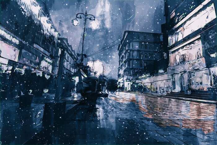 Tableau  Digital painting of buildings in dark tone, city in night time with walking people