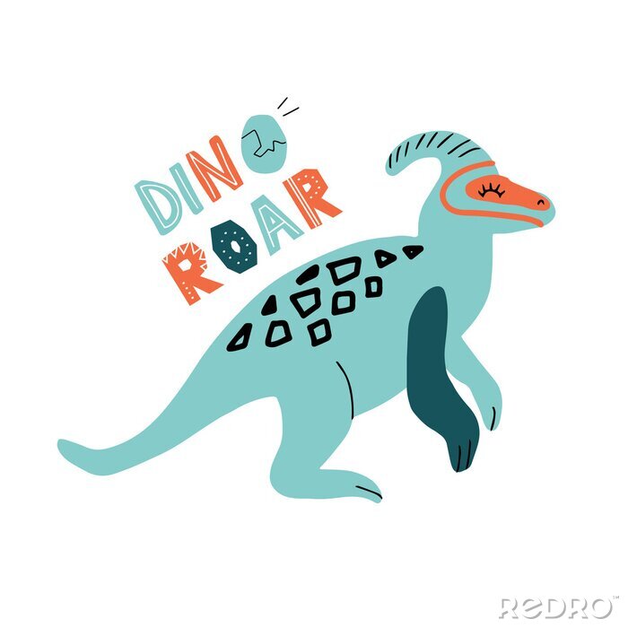 Tableau  Dino parasaurolophus color flat hand drawn character. Cute childish dinosaur with lettering quote Dino roar. Sketch with decor.Isolated cartoon illustration for kid game, book, t-shirt, textile