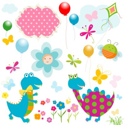 Dinosaures colorés parmi des motifs joyeux arc-en-ciel