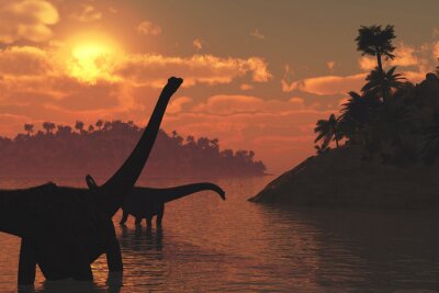 Tableau  Dinosaures herbivores dans une rivière au coucher du soleil