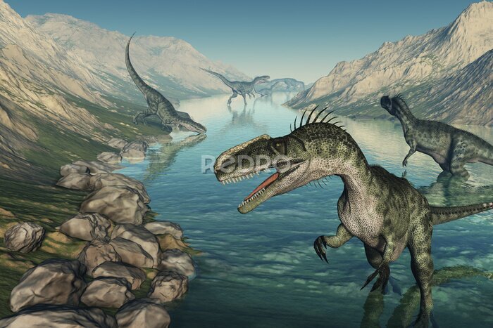 Tableau  Dinosaures préhistoriques dans une rivière