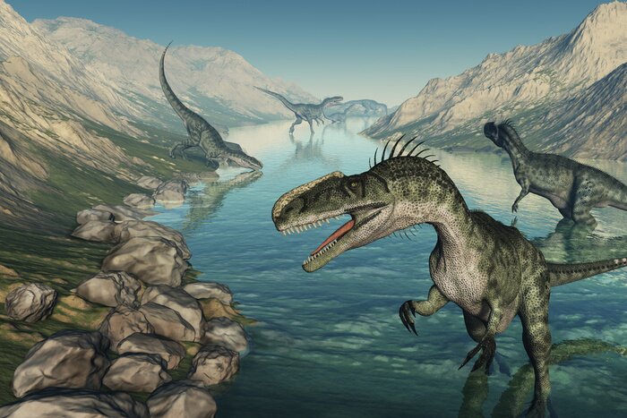 Tableau  Dinosaures préhistoriques dans une rivière