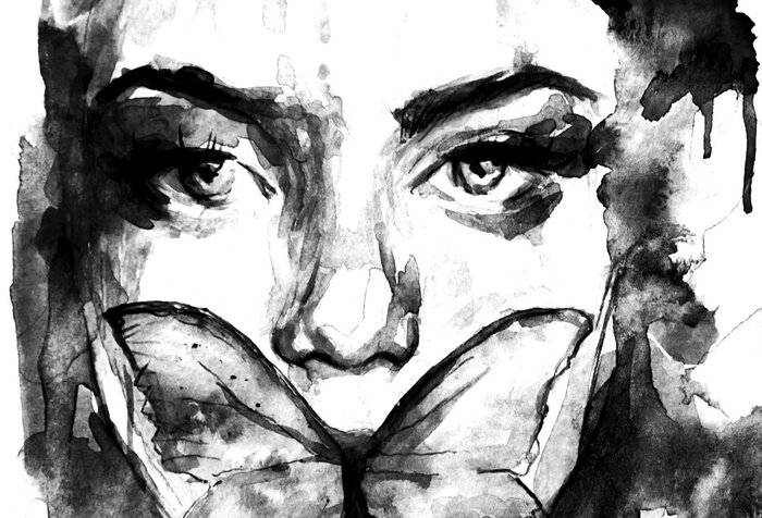 Tableau  Dipinto in acquerello di ritratto in primo piano di donna con una farfalla sul viso