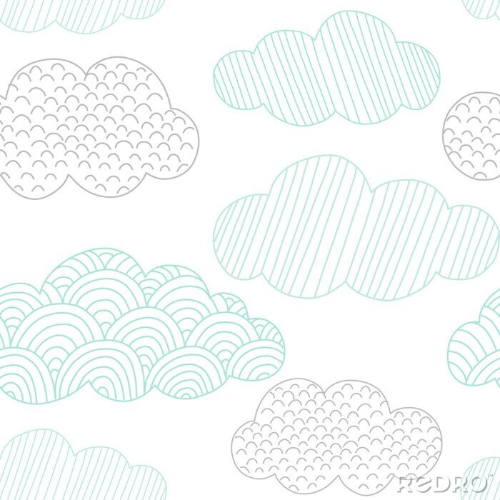 Tableau  Doodle clouds vector seamless pattern. Hand drawn graphic tileable background. 