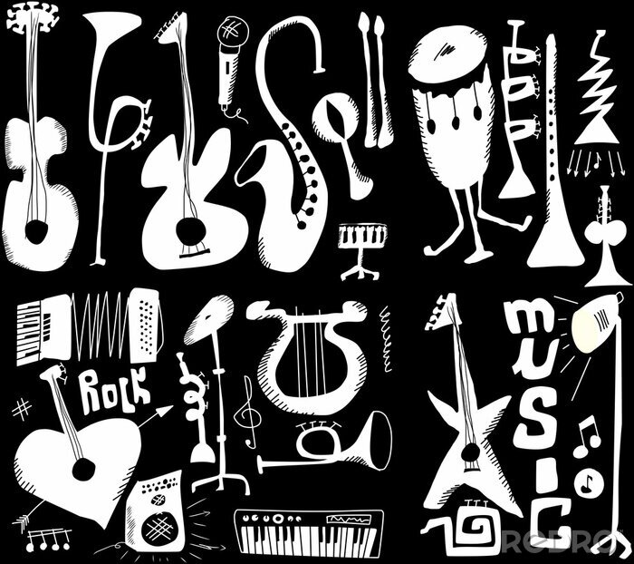Tableau  doodles instruments de musique musique drôle isolé sur fond noir