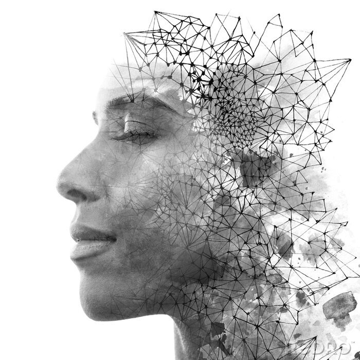 Tableau  Double exposure. Paintography. Close up portrait of an attractive woman with strong ethnic features combined with unusual hand drawn painting, black and white