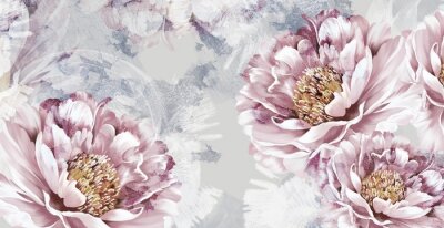 Tableau  Drawn art peonies on a textured background with imitation of paint and stains, wall murals in a room or home interior