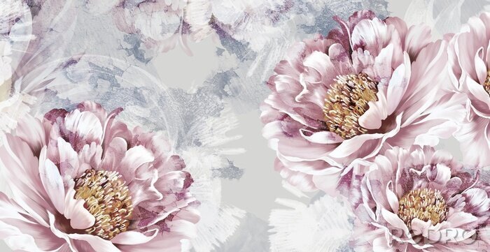 Tableau  Drawn art peonies on a textured background with imitation of paint and stains, wall murals in a room or home interior