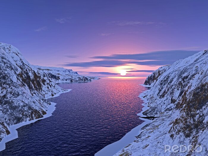 Tableau  Eau entourée de pentes enneigées