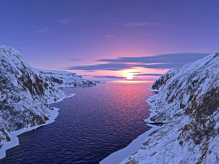 Tableau  Eau entourée de pentes enneigées