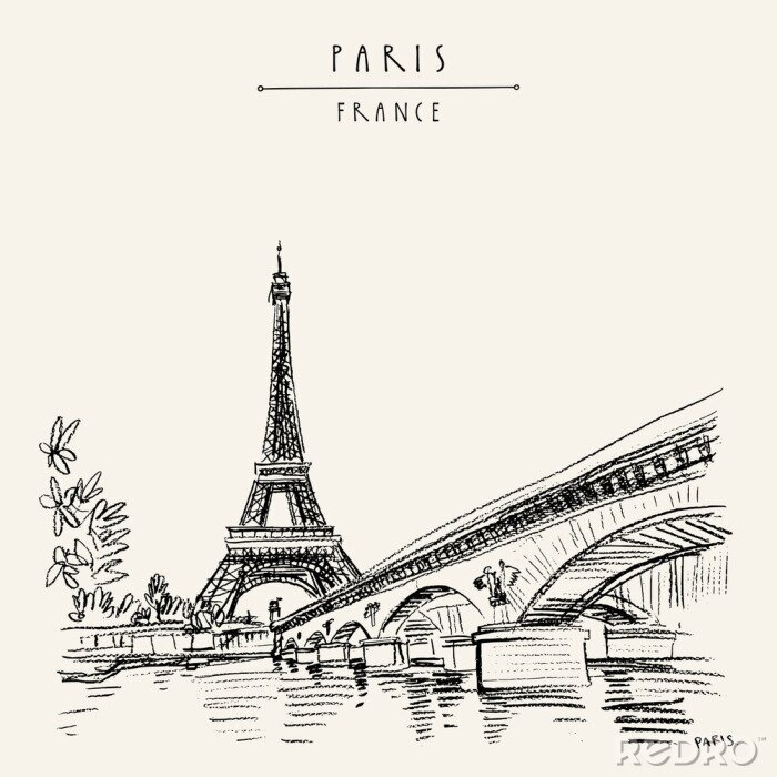 Tableau  Eiffel Tower in Paris, France. Vintage hand drawn touristic postcard