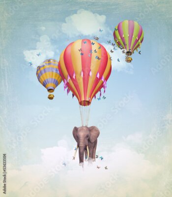 Tableau  Elephant dans le ciel avec des ballons. Illustration
