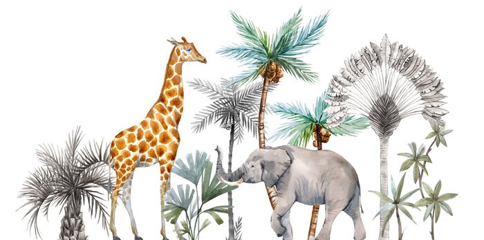 Tableau  Éléphant et girafe sur fond de palmiers
