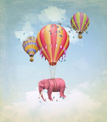 Éléphant rose dans le ciel avec des ballons. Illustration