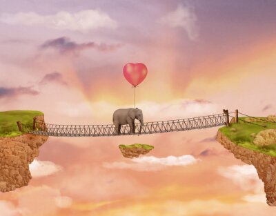 Tableau  Elephant sur un pont dans le ciel avec le ballon. Illustration