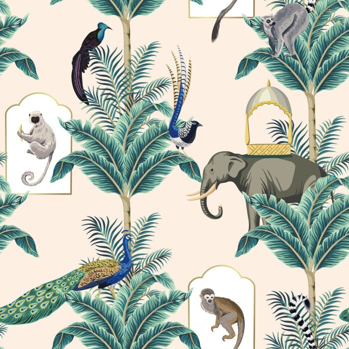 Tableau  Éléphants exotiques singes et plantes