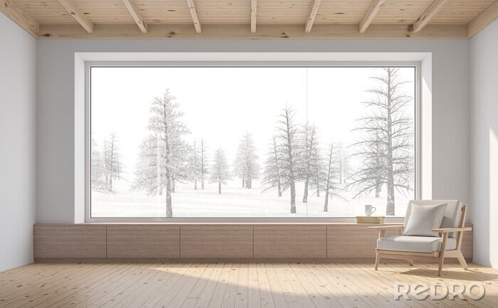Tableau  Empty room with snow scene background 3d render,There are white wall,wooden floor and ceiling,wood seat,decorate with fabric chair.There are big  windows look out to see nature view.