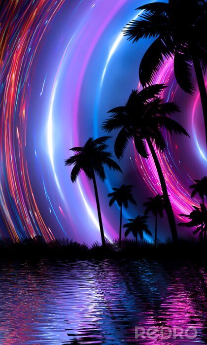 Tableau  Empty tropical background of night sea beach. Silhouettes of tropical palm trees on a background of bright sunset. 3d illustration