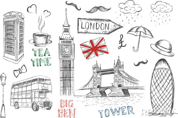 Tableau  Ensemble de symboles de l'Angleterre.