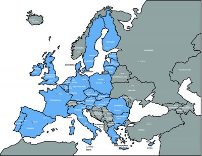 Tableau  Europakarte UE non UE mit Hauptstädten und Ländernamen, Vecteur