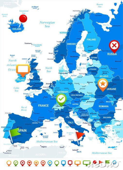 Tableau  Europe - carte et de navigation icônes - illustration.Image contient prochaines couches: les contours de la terre, les noms de pays et de la terre, les noms de ville, les noms d'objets de l'eau, des i