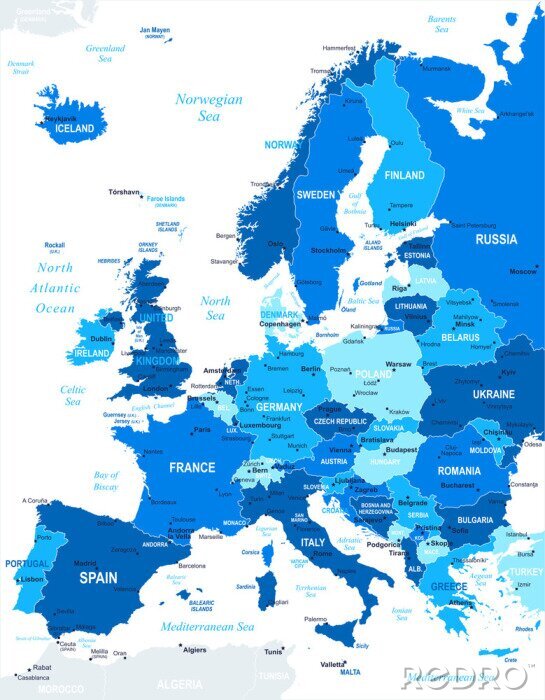Tableau  Europe map - vecteur illustration.Image très détaillé contient prochaines couches: les contours de la terre, les noms de pays et de la terre, les noms de ville, les noms d'objets de l'eau.
