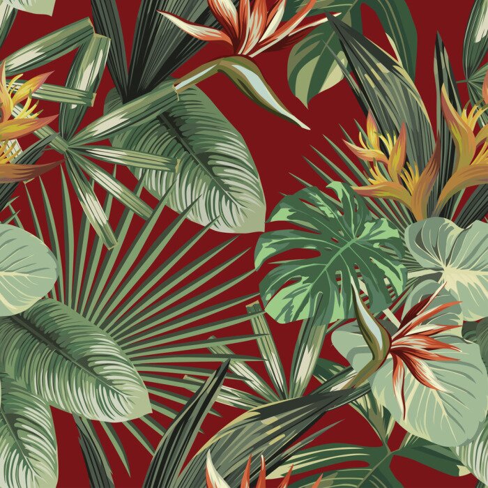 Tableau  Exotic flowers tropical green leaves seamless red background