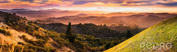 Tableau  Expansive panorama in Santa Cruz mountains, with hills and valleys illuminated by the sunset light; San Francisco Bay Area, California