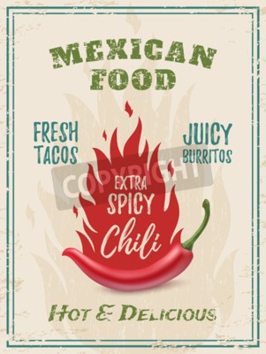 Tableau  Extra chili papier épicé avec le feu, sur fond grunge. Modèle pour le restaurant, le café, la barre ou l'affiche, la brochure ou le prospectus de restauration rapide. Illustration vectorielle.