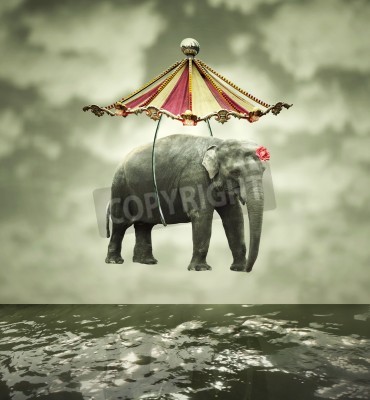 Tableau  Fanciful and artistic image that represent a flying elephant with circus tent above the water
