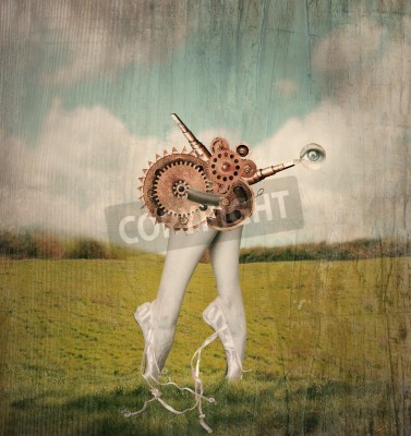 Tableau  Fantastique image artistique fait représenter pieds pointe des pieds et les mollets de ballerine classique dans un ballet pantoufles avec un mécanisme surréaliste d'engrenages ne supposée de les dépla