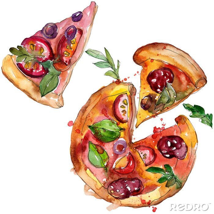 Tableau  Fast food itallian pizza in a watercolor style set. Aquarelle food illustration for background. Isolated pizza element.
