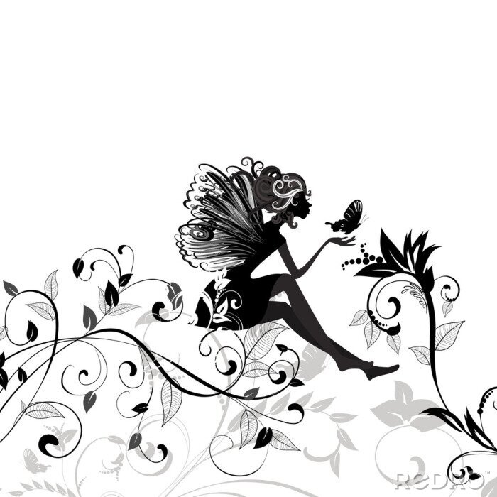Tableau  Fée assise sur des plantes graphiques en noir et blanc