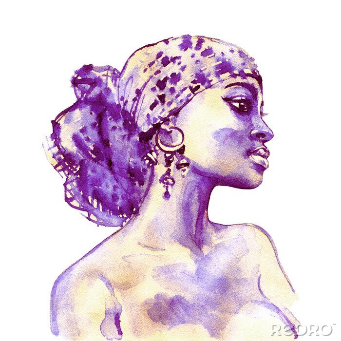 Tableau  Femme africaine aquarelle beauté. Illustration de mode de peinture. Portrait dessiné de main de jolie fille sur fond blanc