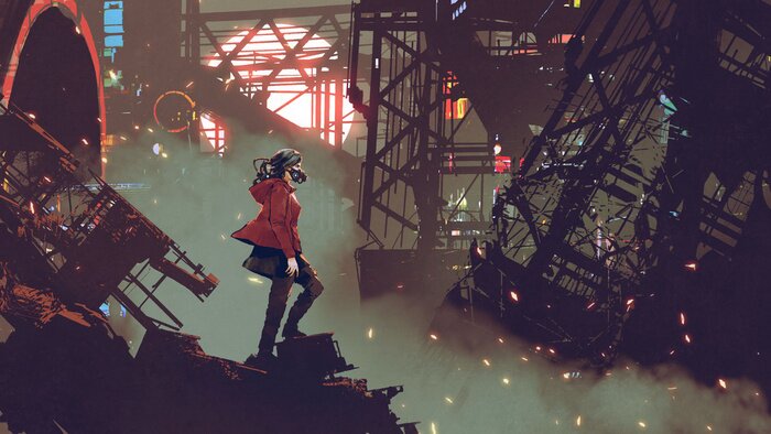 Tableau  femme avec masque futuriste debout dans la ville cyberpunk, style art numérique, illustration peinture