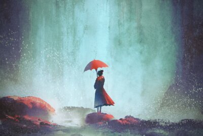Tableau  Femme avec un parapluie contre la cascade, peinture d'illustration