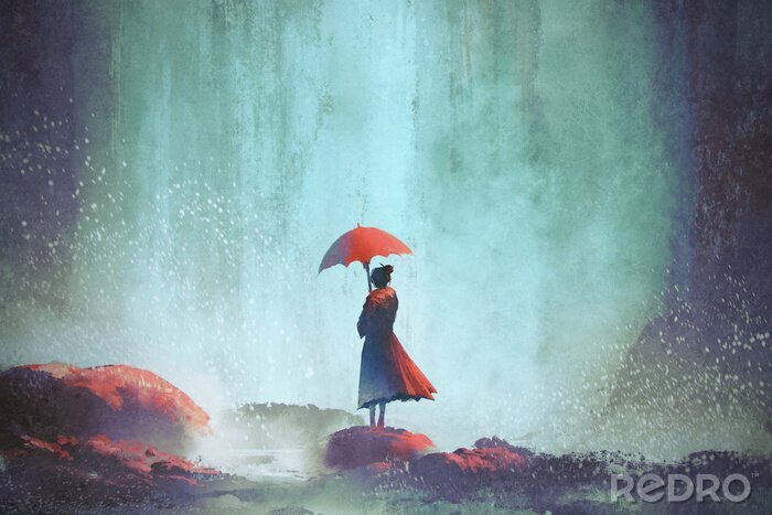 Tableau  Femme avec un parapluie contre la cascade, peinture d'illustration
