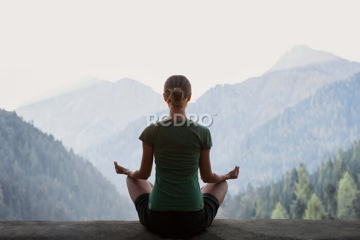 Tableau  Femme en train de méditer et paysage montagneux
