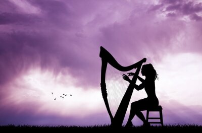 Tableau  Femme, jouer, harpe, Coucher soleil