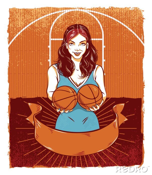 Tableau  femme joyeuse avec des ballons de basket