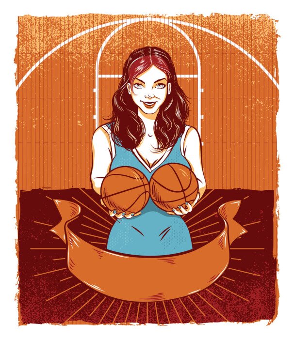 Tableau  femme joyeuse avec des ballons de basket