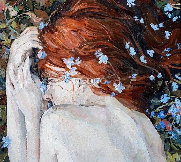 Tableau  Femme rousse et myosotis