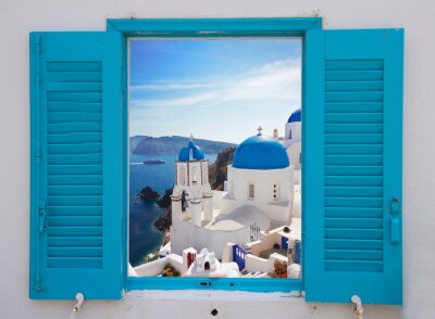 Fenêtre avec vue sur la caldeira et de l'église, Santorini