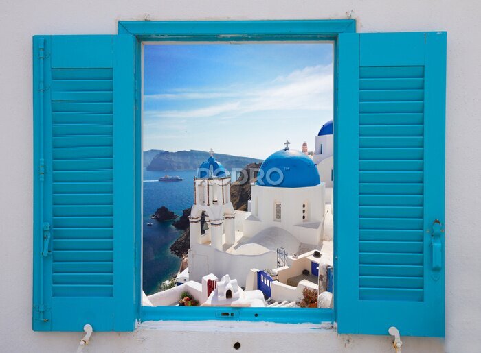Tableau  Fenêtre avec vue sur la caldeira et de l'église, Santorini