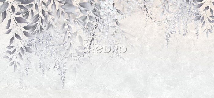 Tableau  Feuilles de plantes et fleurs sur des branches d'arbres avec un fond en marbre