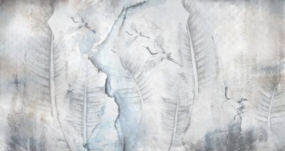 Feuilles et Grues sur un Mur en Béton